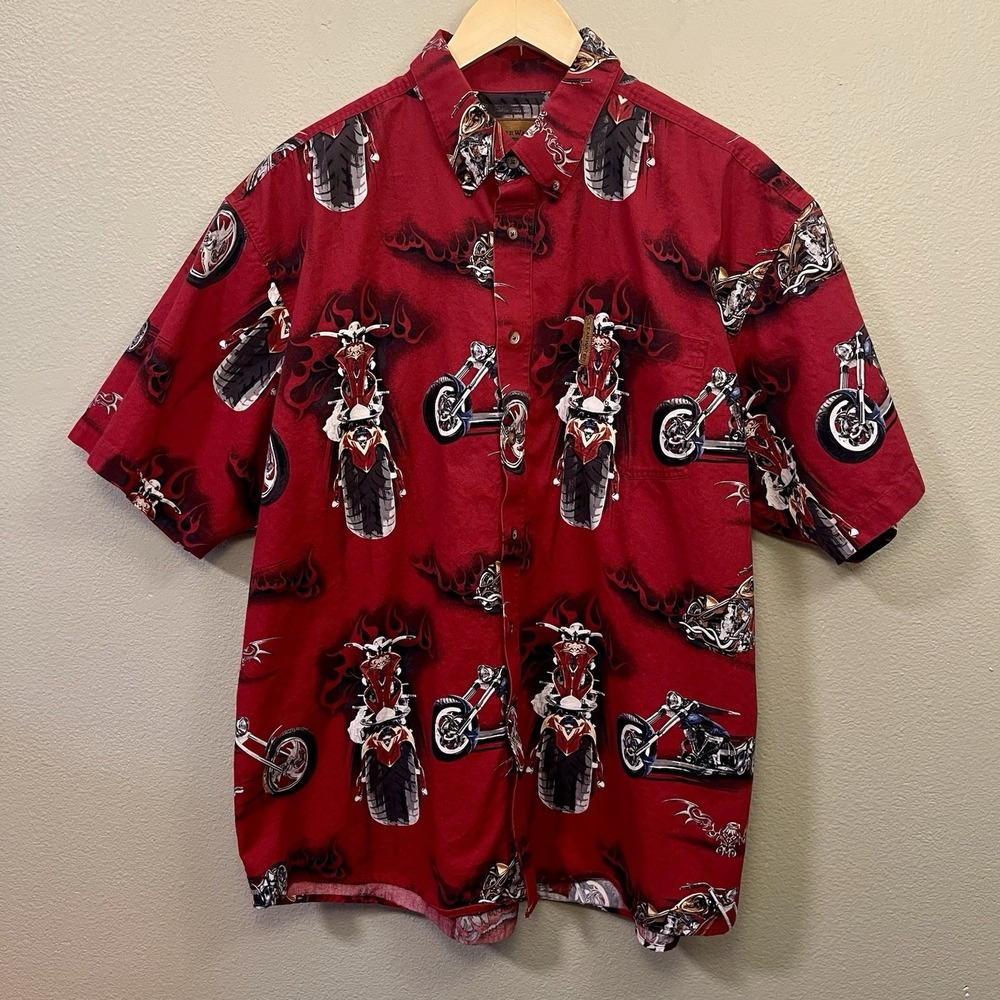 Clearwater Outfitters Men's Biker Motorcycle Shirt Red Button Up Short Sleeve XL